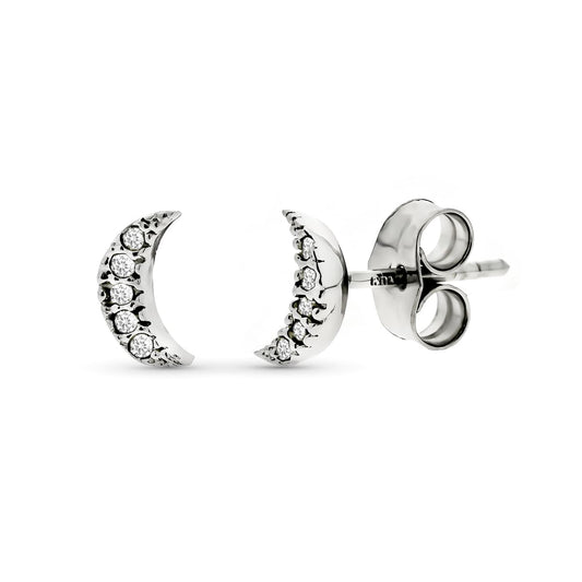 9K PENDIENTES ORO BLANCO LUNA DIAMANTES 0.05 CTS SI-H 7X3 MM PRESION
