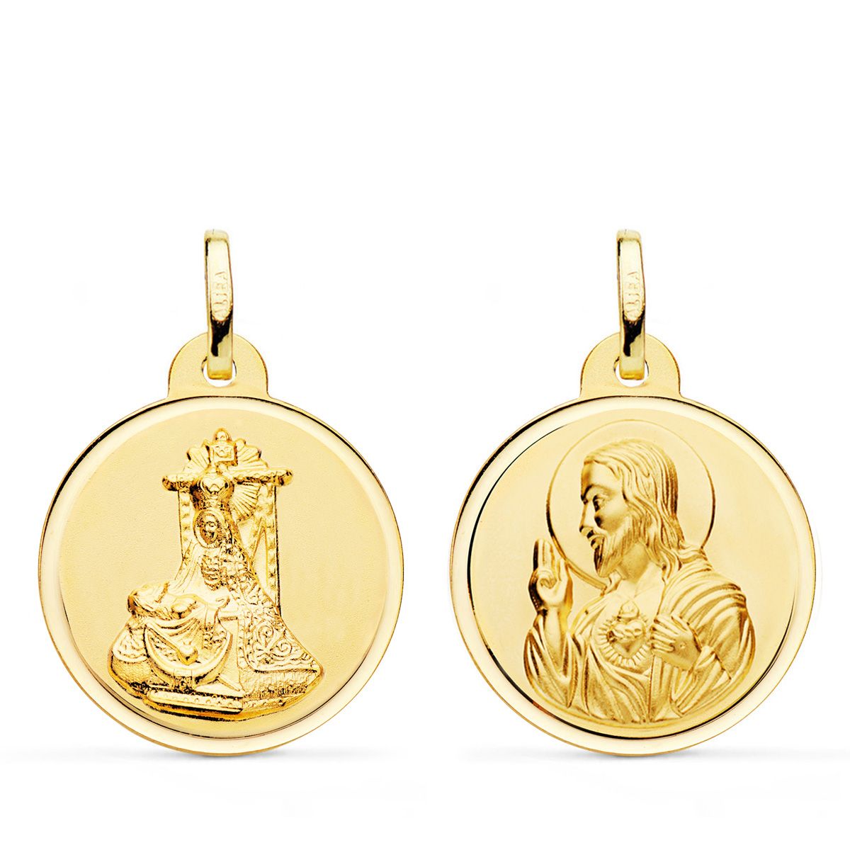 9K MEDALLA ORO AMARILLO ESCAPULARIO VIRGEN DE LAS ANGUSTIAS Y CORAZON DE JESUS BISEL 22 MM