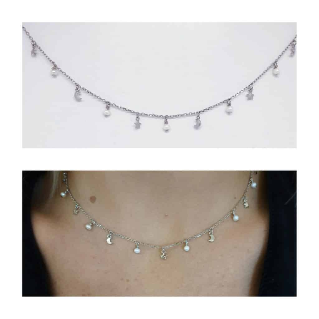 Collar mini lunas y estrellas perlas de plata de ley
