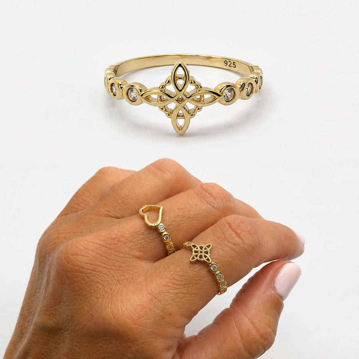 Anillo nudo de bruja de plata de ley con baño de oro de 14 quilates - Joyería Zafir