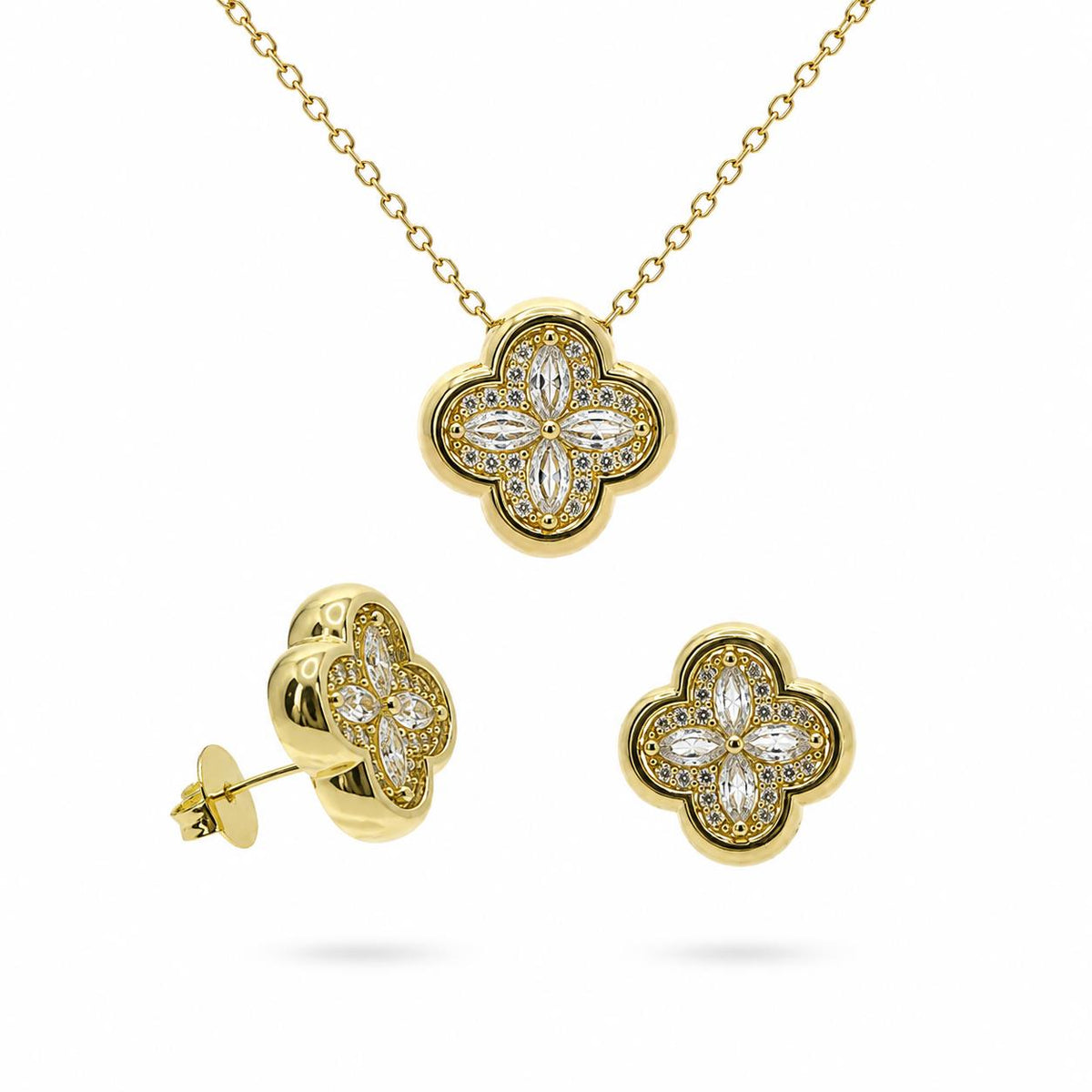 Set trèbol de aleación de metales con baño de oro de 14 quilates - Joyería Zafir