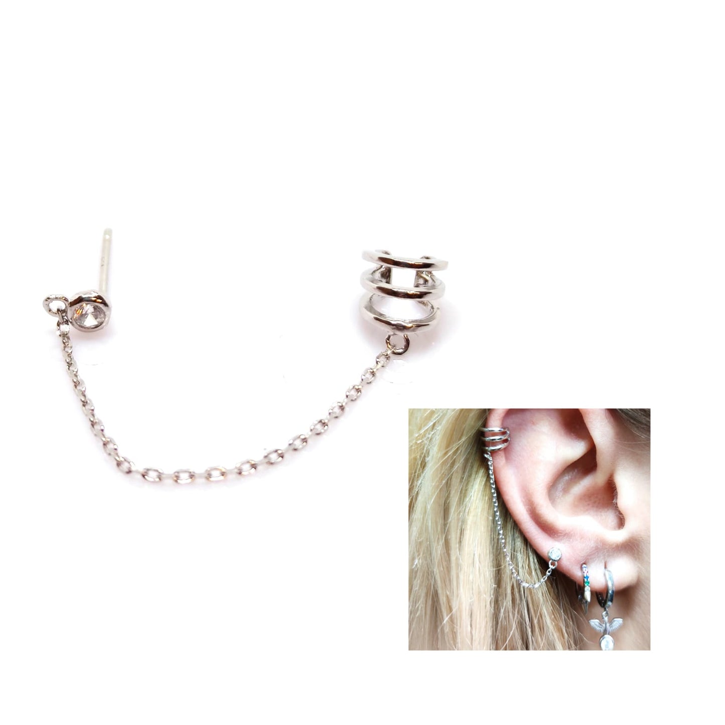 Pendiente ear cuff cadena punto de luz de plata de ley