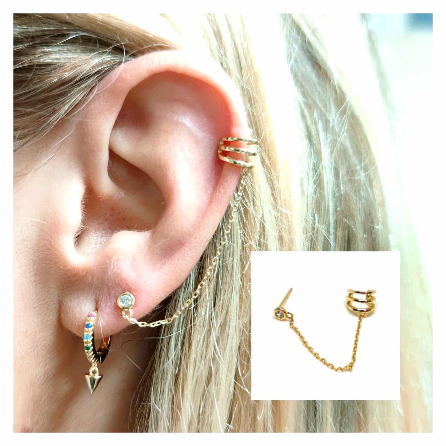 Pendiente ear cuff cadena punto de luz oro de plata de ley