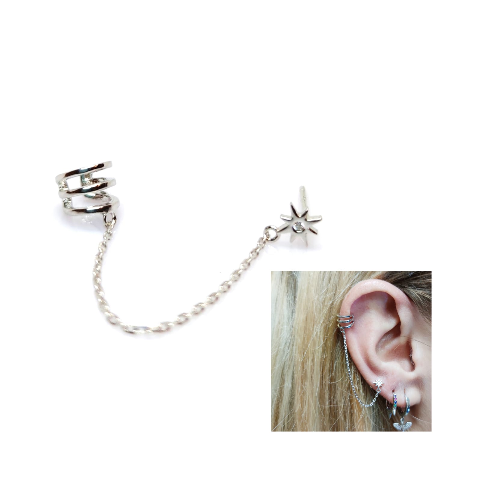 Pendiente ear cuff cadena estrella polar de plata de ley - Joyería Zafir