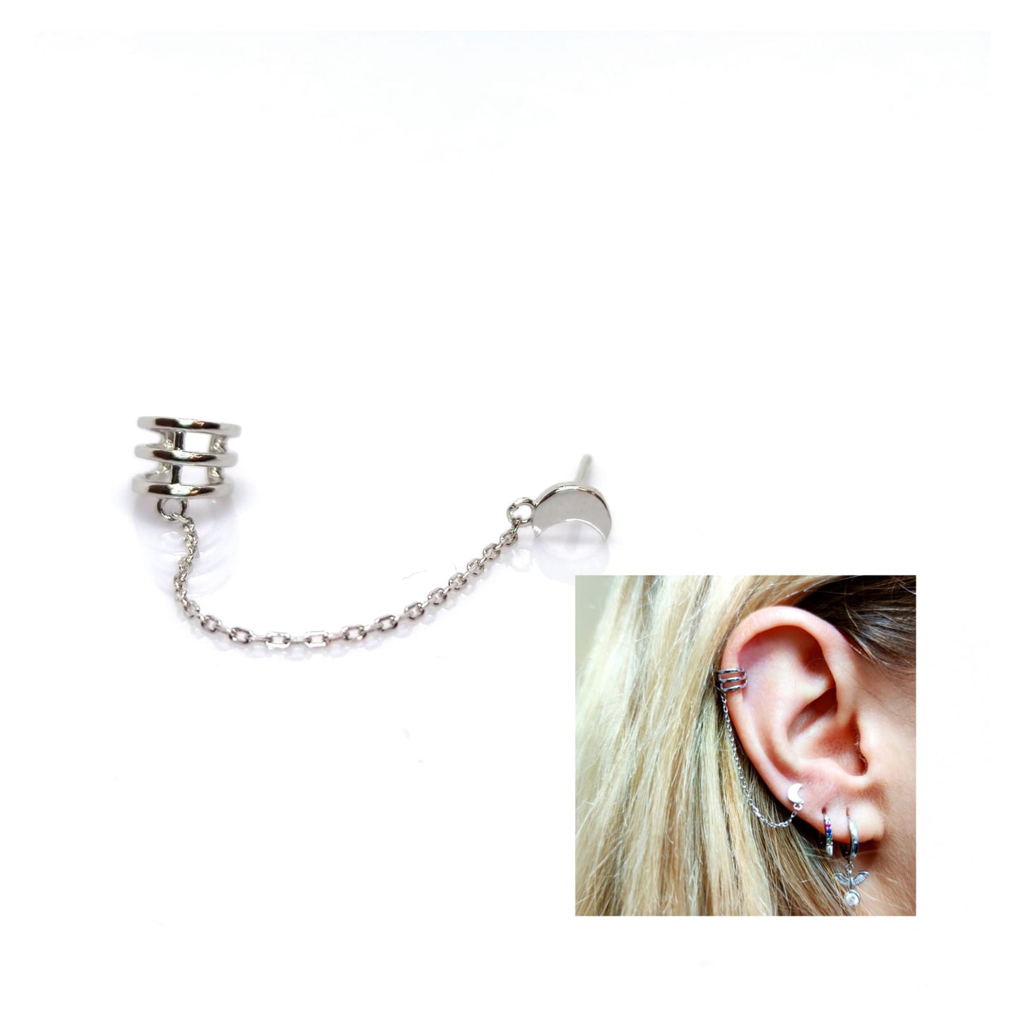Pendiente ear cuff cadena luna de plata de ley