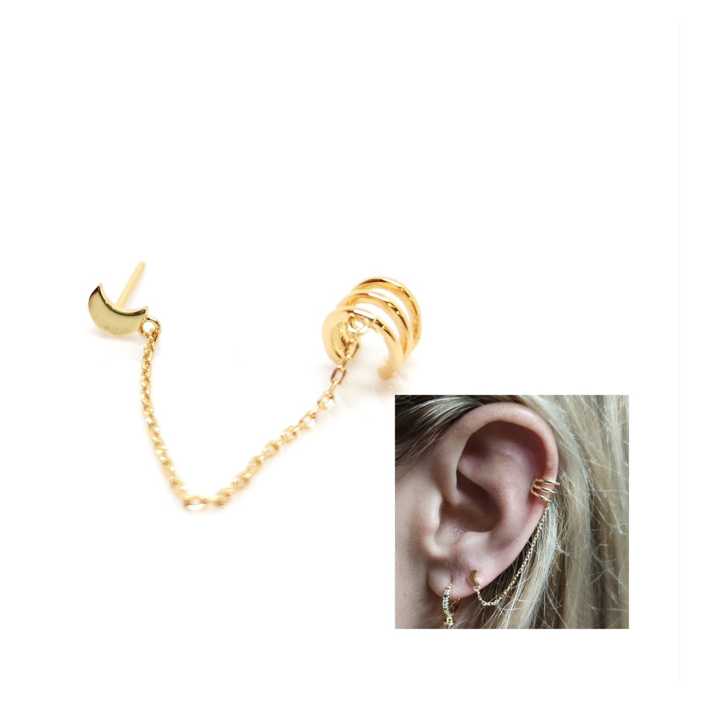 Pendiente ear cuff cadena luna oro de plata de ley