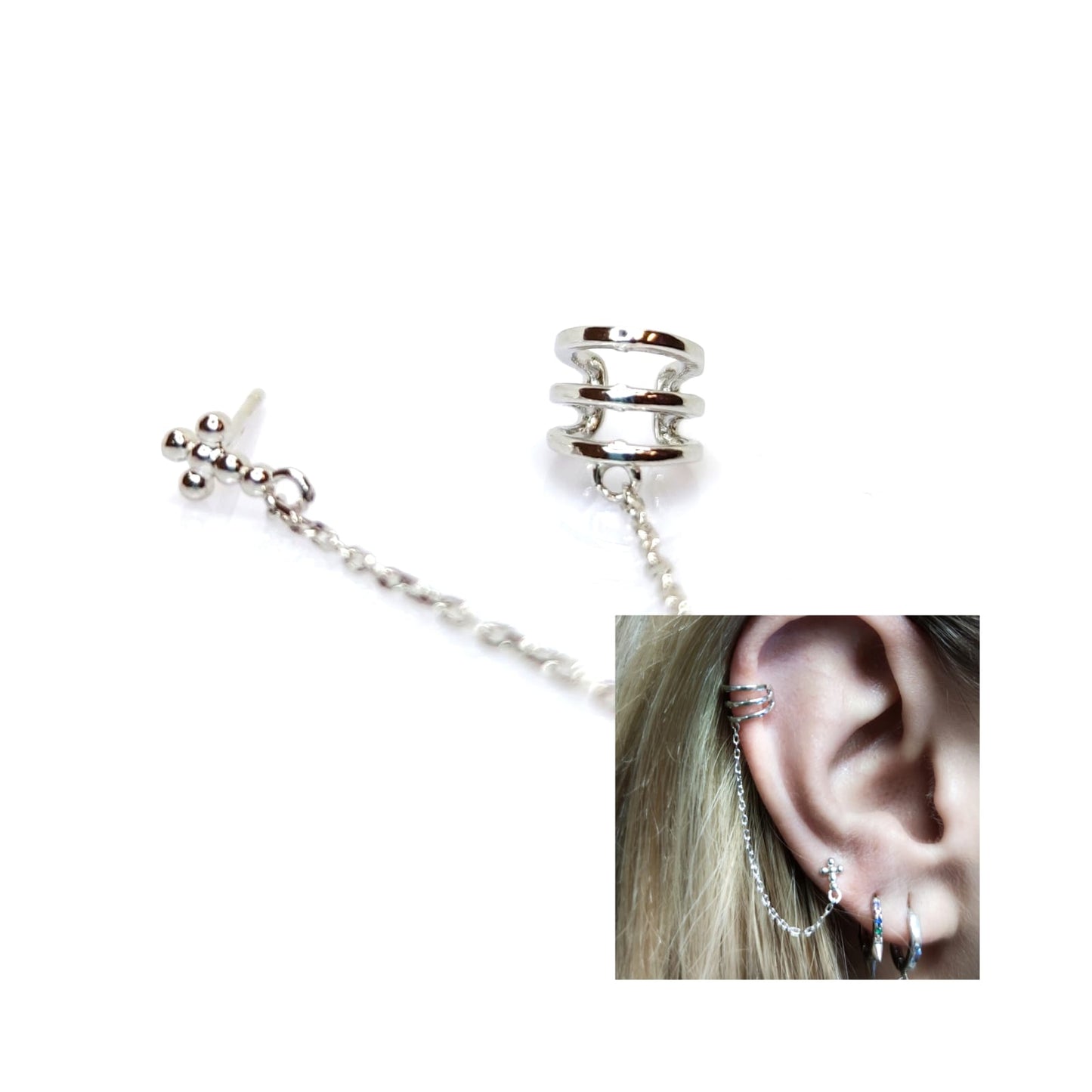 Pendiente ear cuff cadena cruz de plata de ley