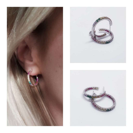 Pendientes aros circonitas colores 15 mm de plata de ley - Joyería Zafir