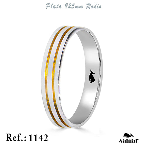 Alianza de plata 925 plana con rodio y oro 18 kt 3 mm – 1142