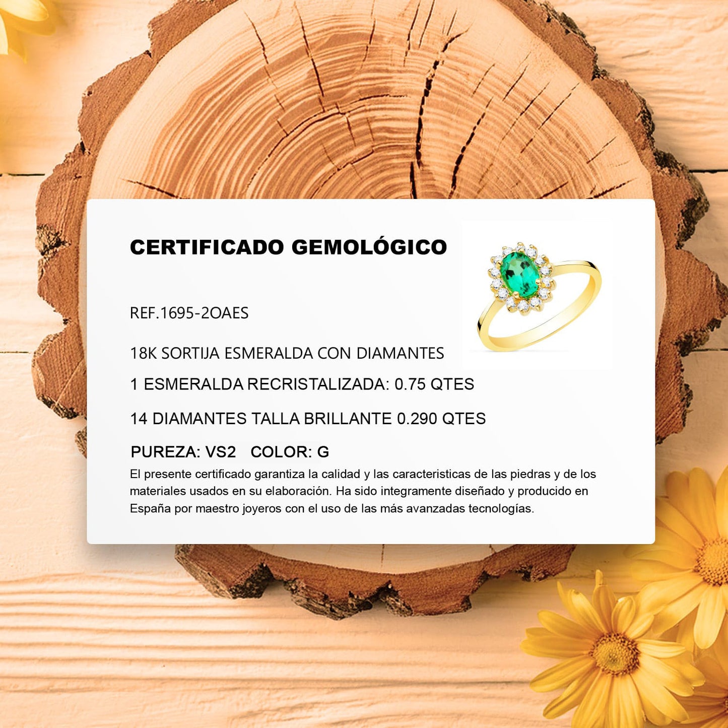 18K SORTIJA ORO AMARILLO ESMERALDA 7X5 MM 0,75 QTS. DIAMANTES 0,290 QTS. VS2-G 11,5X9,5 MM
