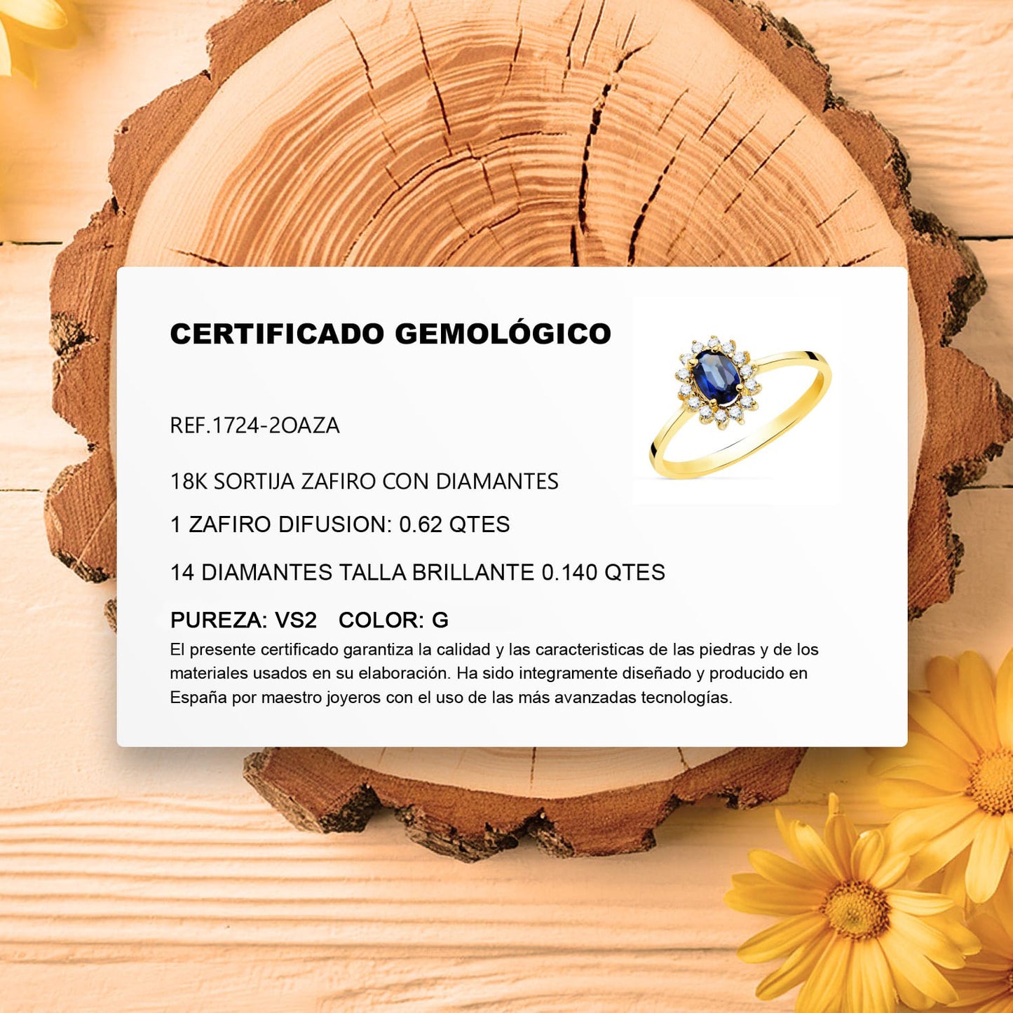 18K SORTIJA ORO AMARILLO ZAFIRO 6x4 MM 0,62 QTS. DIAMANTES 0,140 QTS. VS2-G 9, 5X8 MM