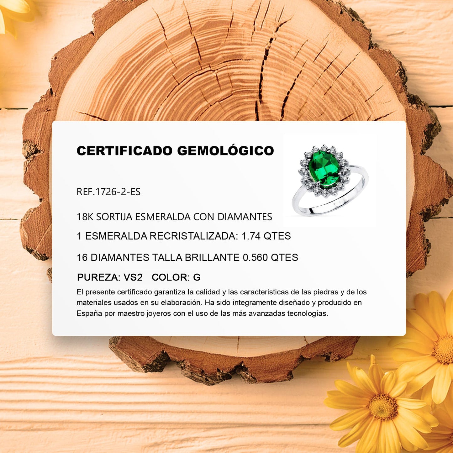 18K SORTIJA ORO BLANCO ESMERALDA 9X7 MM 1,74 QT. DIAMANTES 0,52 QT. VS2-G. MEDIDA: 14X12,5 MMV