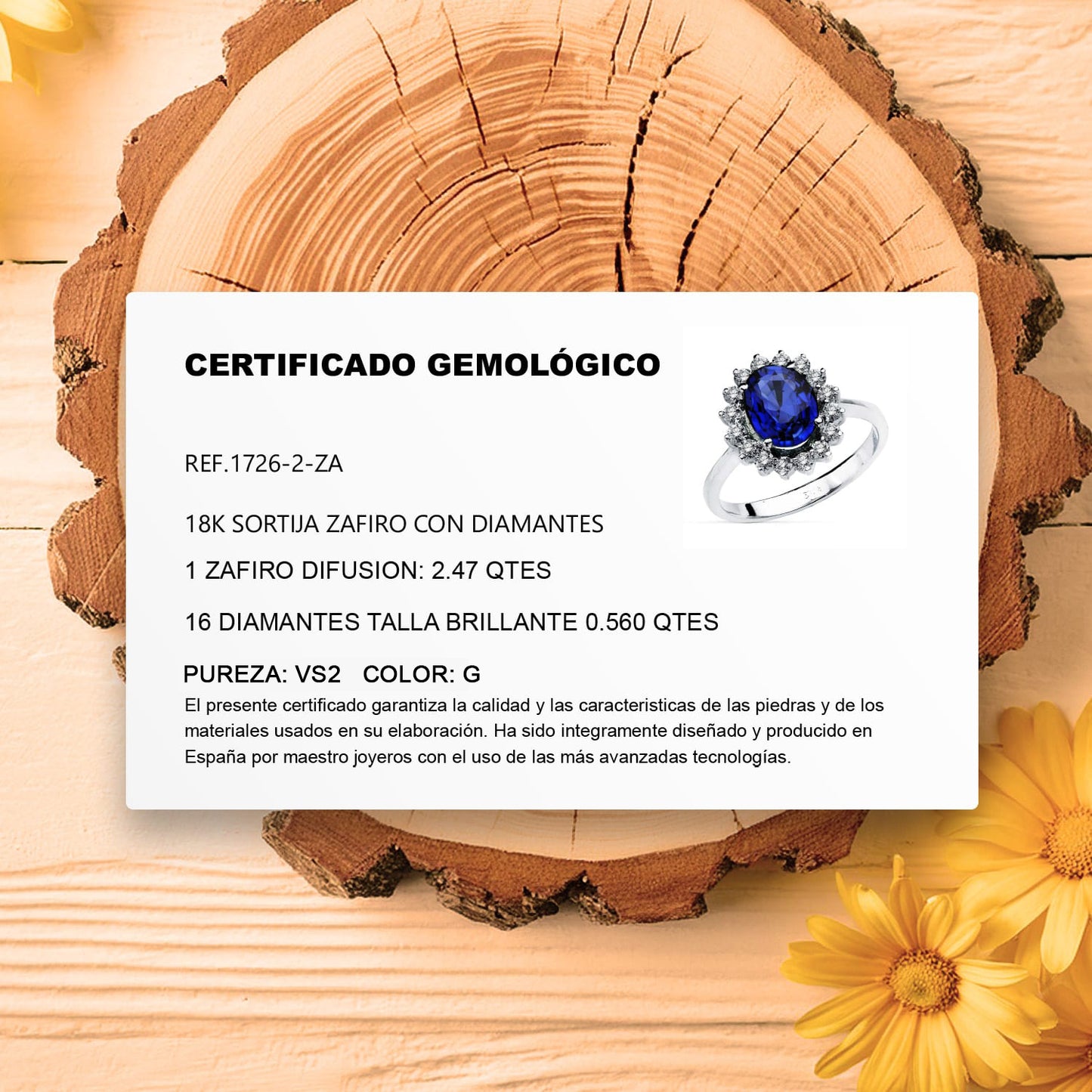 18K SORTIJA ORO BLANCO ZAFIRO 9X7 MM 2,47 QT. DIAMANTES 0,52 QT. VS2-G. MEDIDA: 14X12,5 MM