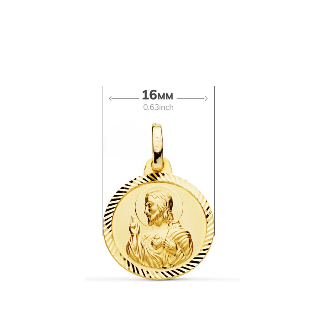 9K ESCAPULARIO ORO AMARILLO HELICE VIRGEN CARMEN Y CORAZON DE JESUS 16 MM
