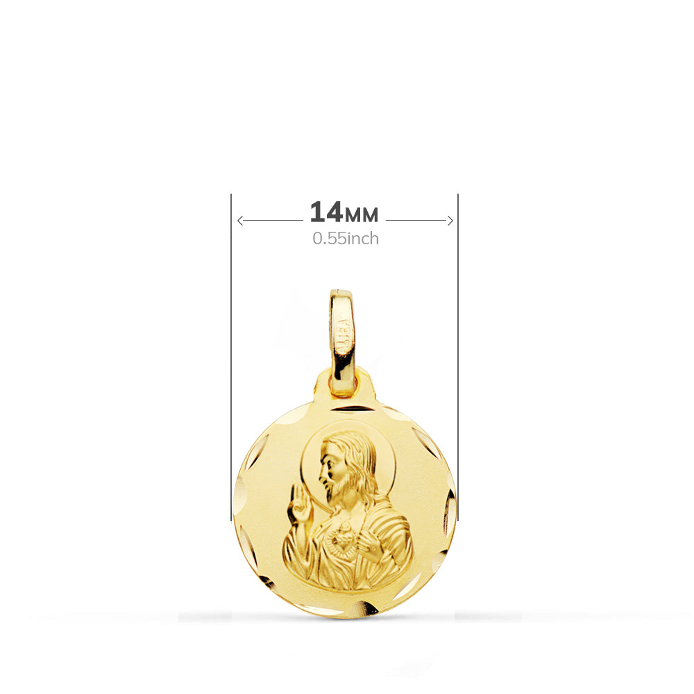 Escapulario Tallado Virgen del Carmen Corazon de Jesus 14 mm de oro amarillo 18K