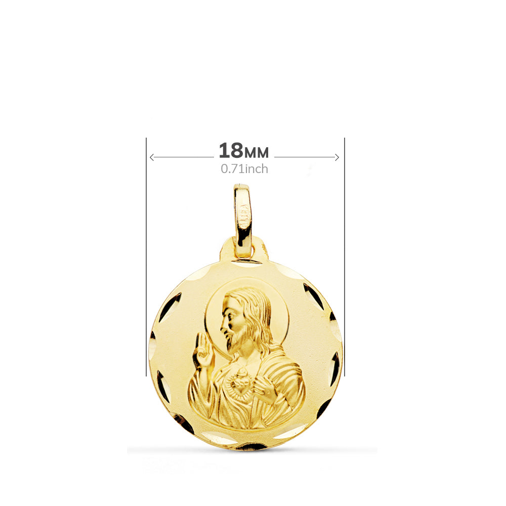 Escapulario Tallado Virgen del Carmen Corazon de Jesus 18 mm de oro amarillo 18K
