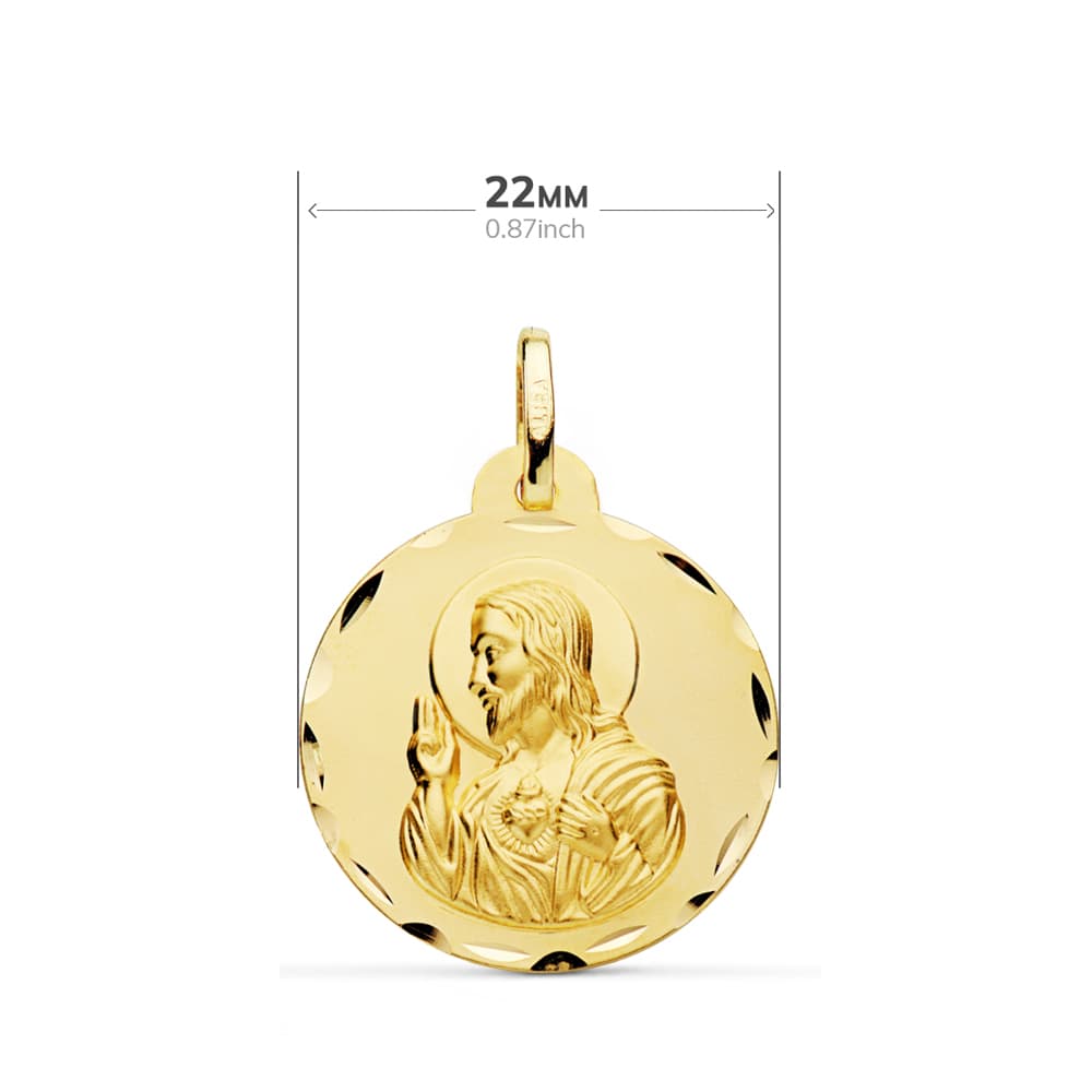 18K ESCAPULARIO ORO AMARILLO TALLADO VIRGEN DEL CARMEN Y CORAZON DE JESUS 22 MM