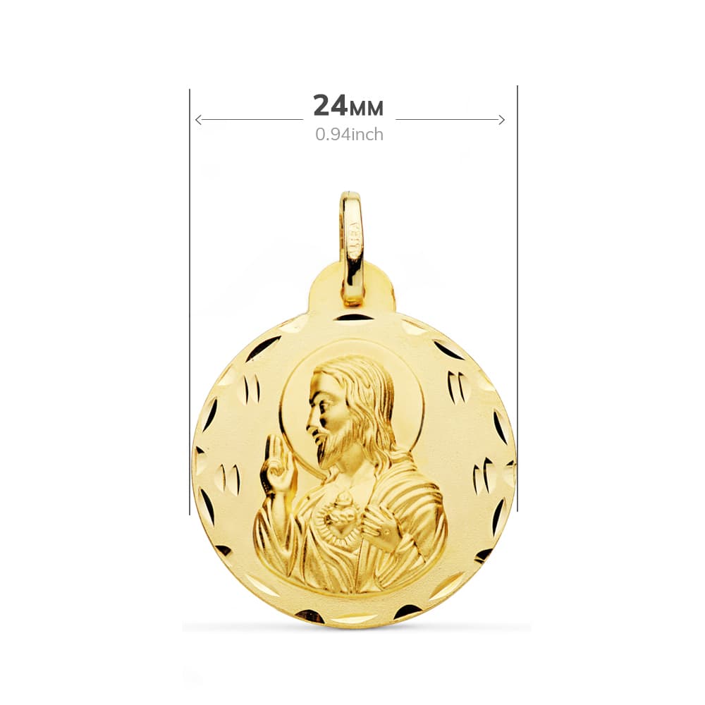 18K ESCAPULARIO ORO AMARILLO TALLADO VIRGEN DEL CARMEN Y CORAZON DE JESUS 24 MM