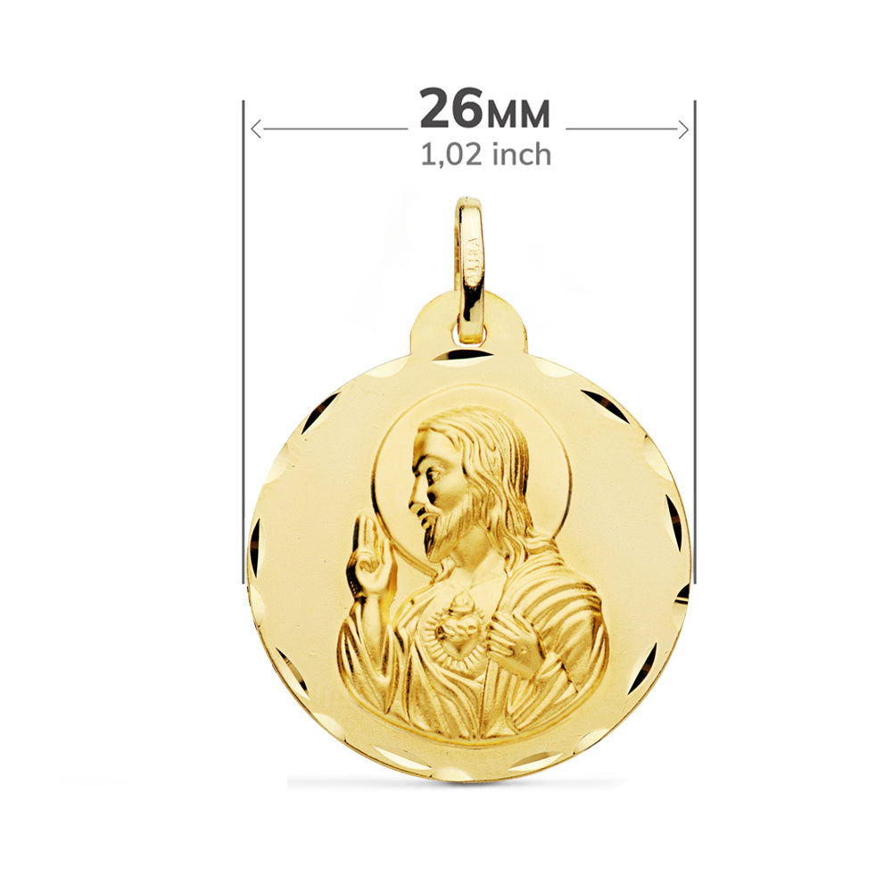 Escapulario Tallado Virgen del Carmen y Corazon de Jesus 26 mm de oro amarillo 18K