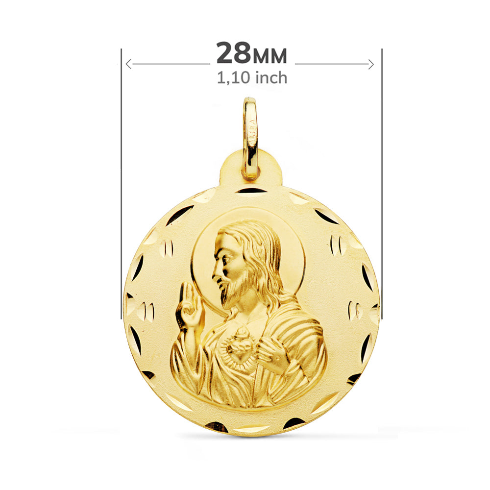 Escapulario Tallado Virgen del Carmen y Corazon de Jesus 28 mm de oro amarillo 18K