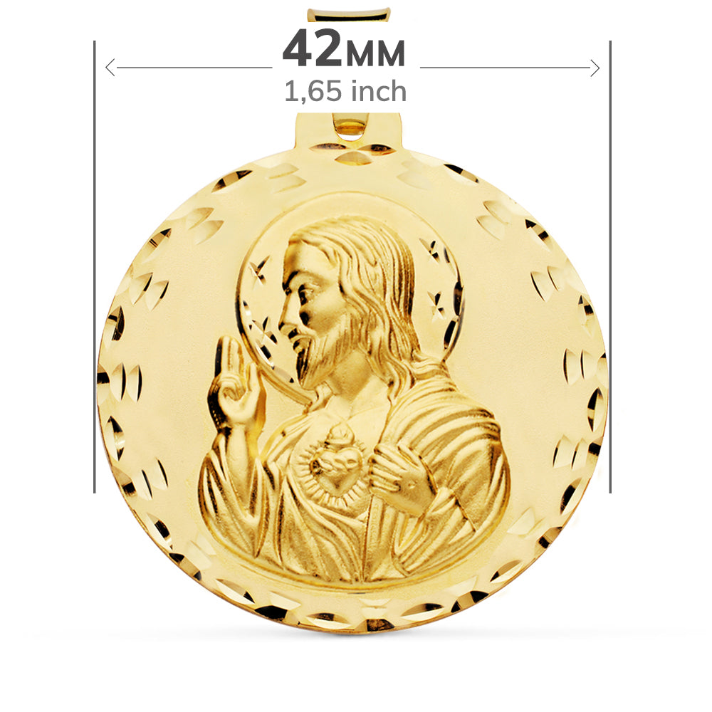 Escapulario Tallado Virgen del Carmen y Corazon de Jesus 42 mm de oro amarillo 18K