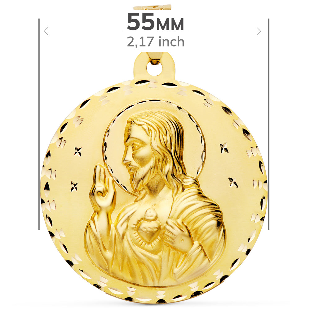 Medalla Escapulario Tallado Virgen del Carmen y Corazon de Jesus 55 mm de oro amarillo 18K