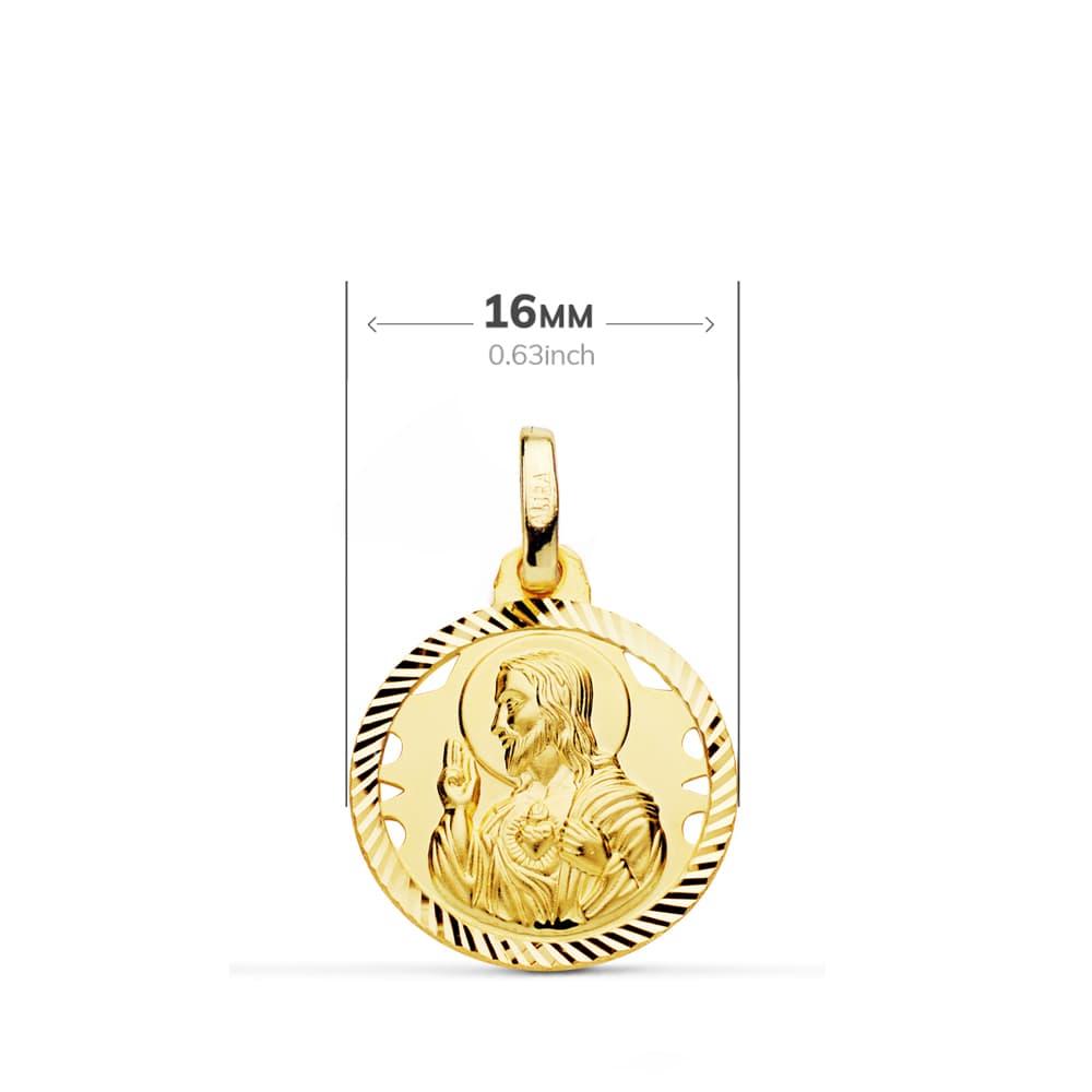 18K ESCAPULARIO ORO AMARILLO HELICE CALADO VIRGEN CARMEN Y CORAZON DE JESUS 16 MM