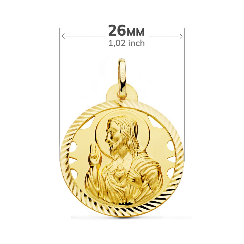 18K ESCAPULARIO ORO AMARILLO HELICE CALADO VIRGEN CARMEN Y CORAZON DE JESUS 26 MM