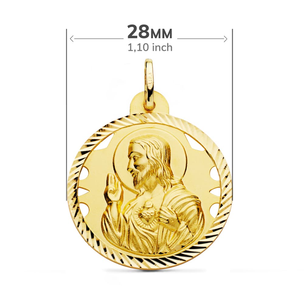 18K ESCAPULARIO ORO AMARILLO HELICE CALADO VIRGEN CARMEN Y CORAZON DE JESUS 28 MM