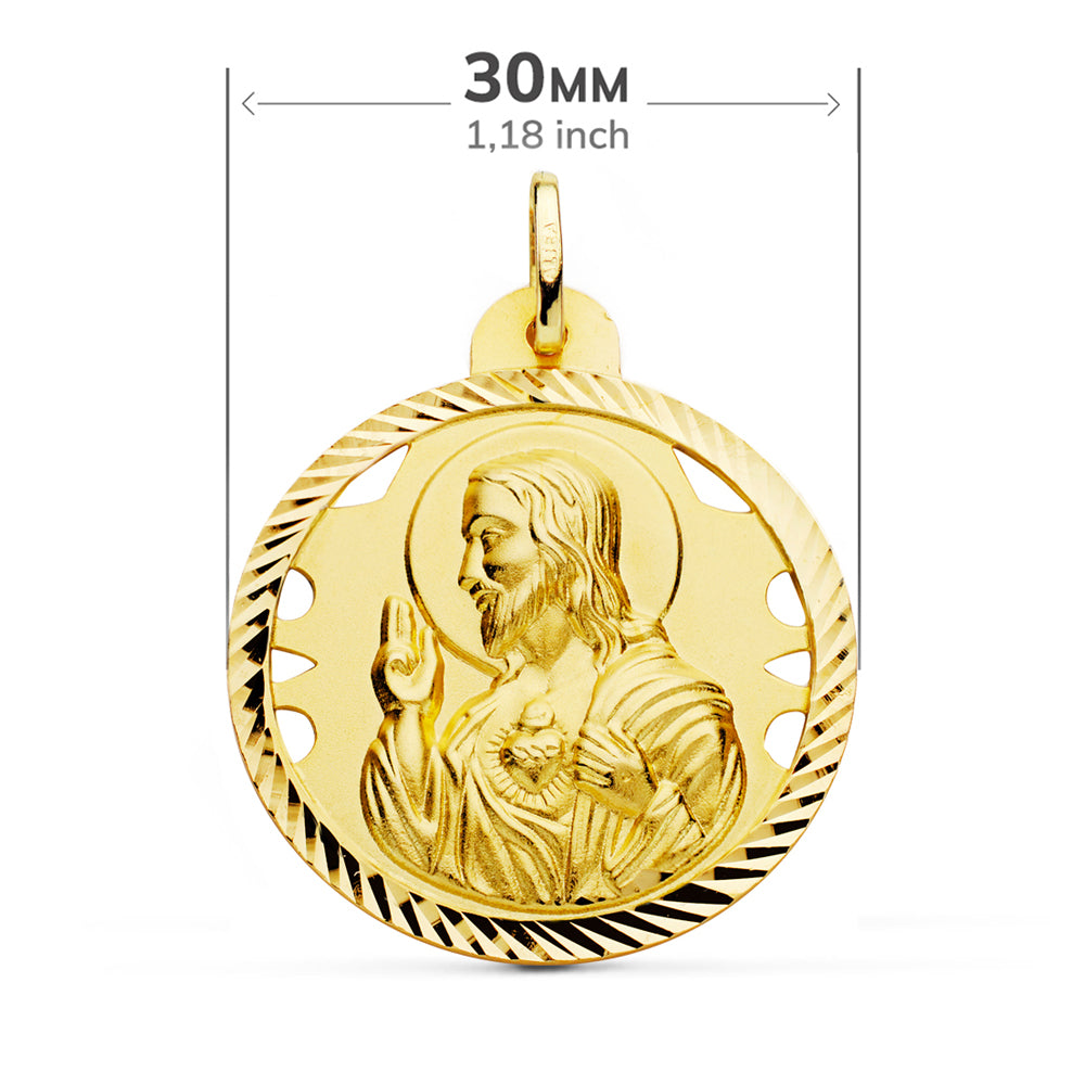 Escapulario Helice Calado Virgen Carmen y Corazon de Jesus 30 mm de oro amarillo 18K