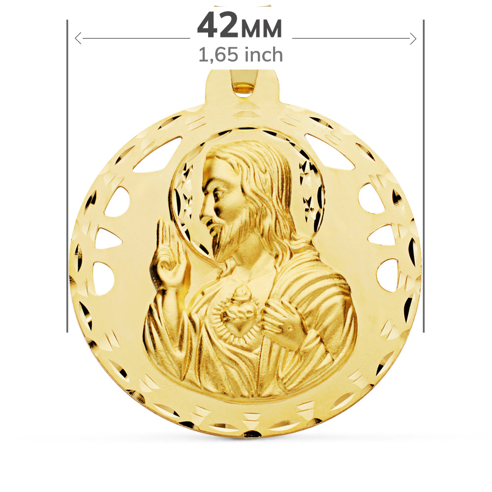 Escapulario Calado Tallado Virgen Carmen y Corazon de Jesus 42 mm de oro amarillo 18K