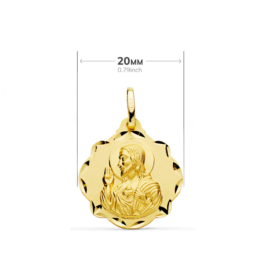 Escapulario Pandereta Virgen del Carmen y Corazon de Jesus 20 mm de oro amarillo 18K