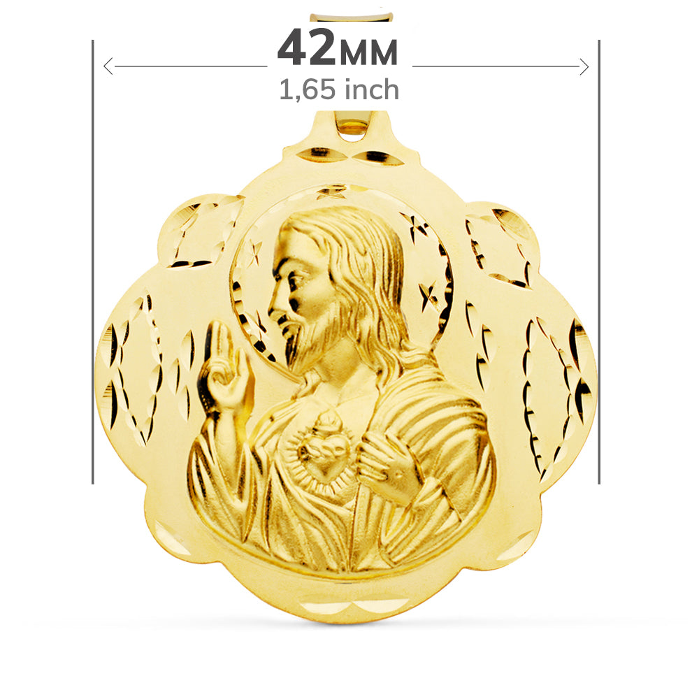 Escapulario Pandereta Virgen del Carmen y Corazon de Jesus 42 mm de oro amarillo 18K