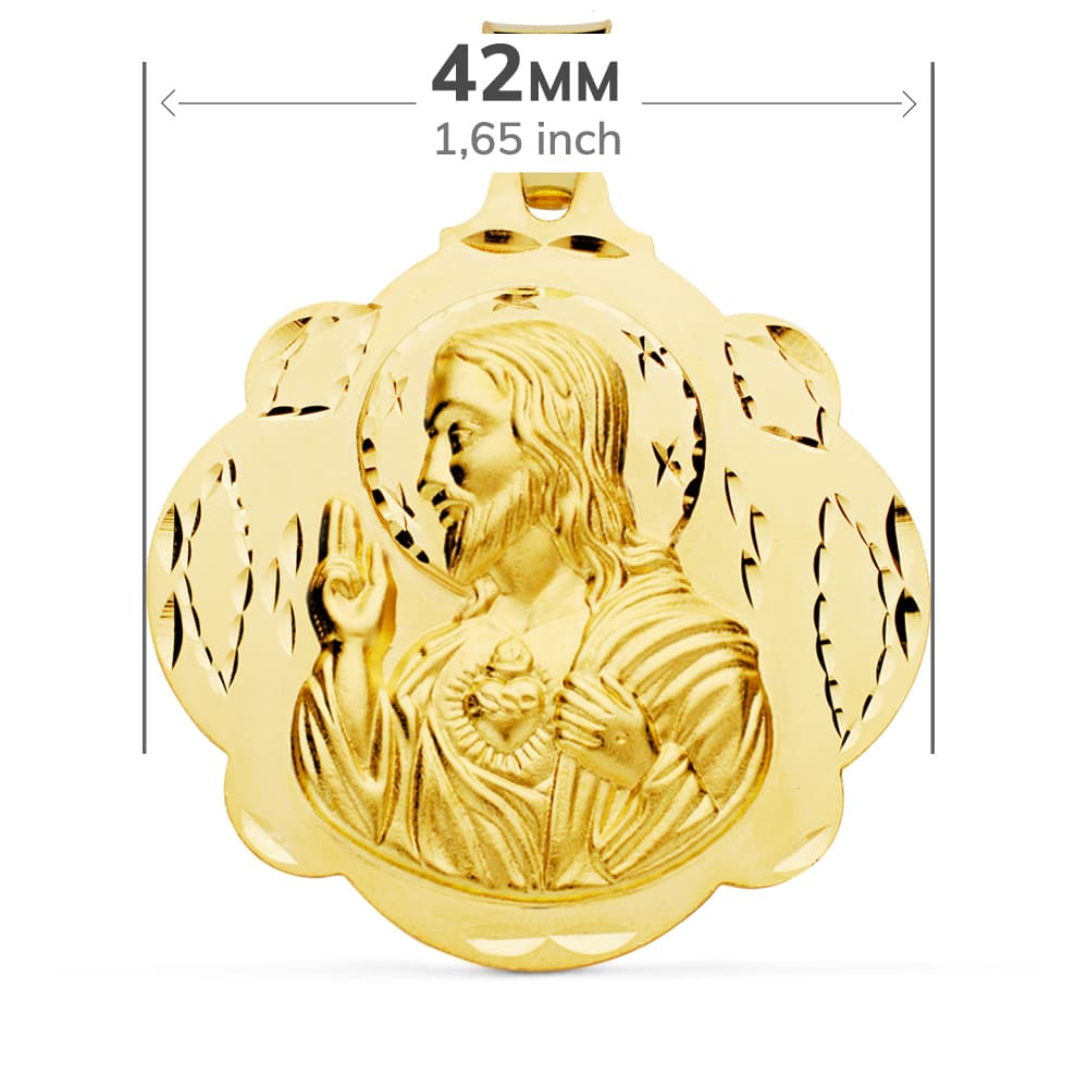 18K ESCAPULARIO ORO AMARILLO PANDERETA VIRGEN DEL CARMEN Y CORAZON DE JESUS 42 MM