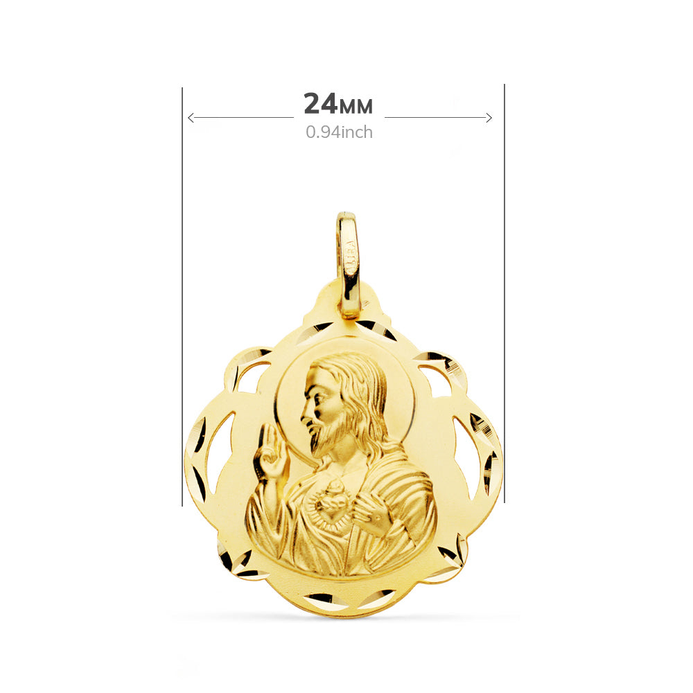 Escapulario Virgen del Carmen y Corazon de Jesus Pandereta Calada 24 mm de oro amarillo 18K