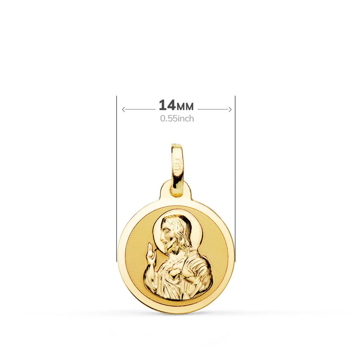 Escapulario Brillo Virgen del Carmen y Corazon de Jesus 14 mm de oro amarillo 18K