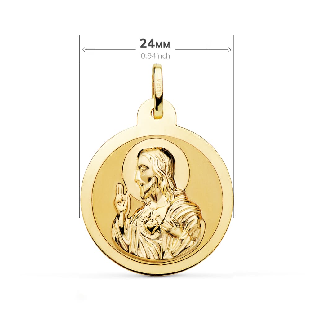 18K ESCAPULARIO ORO AMARILLO ORO AMARILLO BRILLO VIRGEN DEL CARMEN CORAZON JESUS 24 MM