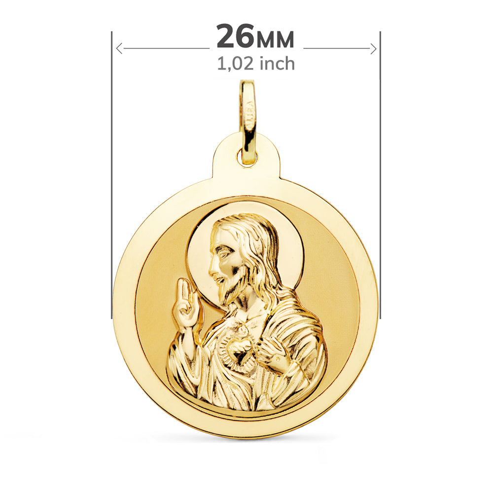 Escapulario Brillo Virgen del Carmen y Corazon de Jesus 26 mm de oro amarillo 18K