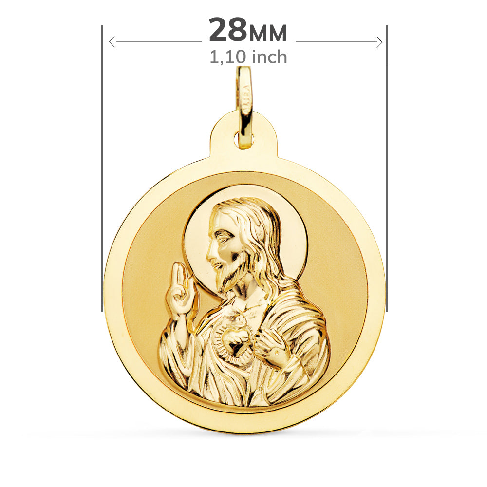 Escapulario Brillo Virgen del Carmen y Corazon de Jesus 28 mm de oro amarillo 18K