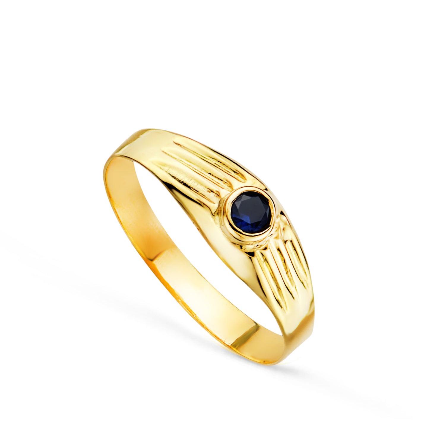 18K SOLITARIO ORO AMARILLO HUECO DE BEBE O MEÑIQUE CIRCONITA AZUL 3MM LATERAL GALLONEADO