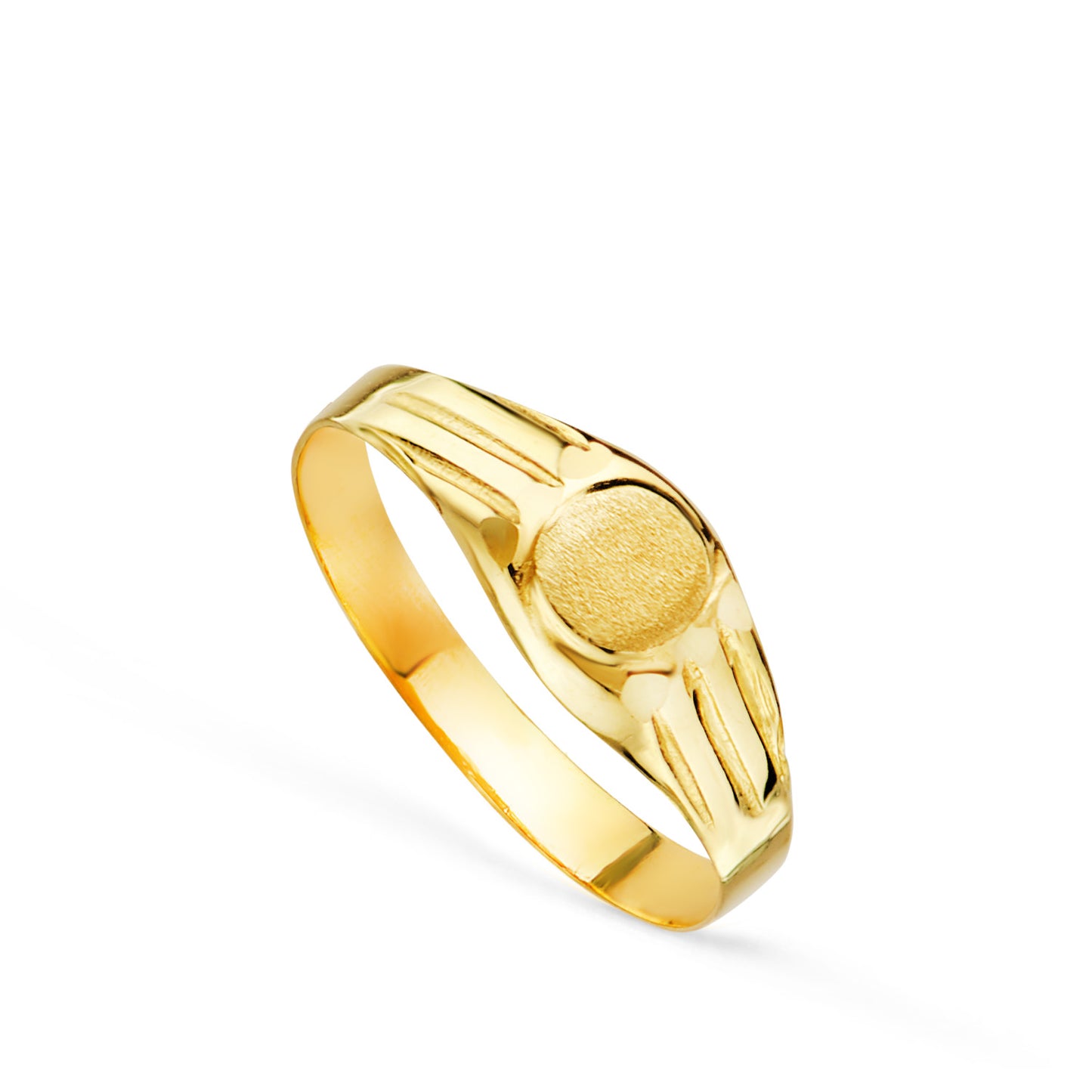 18K SELLO ORO AMARILLO HUECO BEBE O MEÑIQUE REDONDO. ZONA GRABADO 4X4 MM