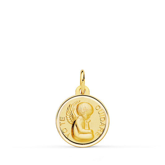 18K MEDALLA ORO AMARILLO ANGELITO "YO TE CUIDARE" BISEL. MEDIDA: 14 MM