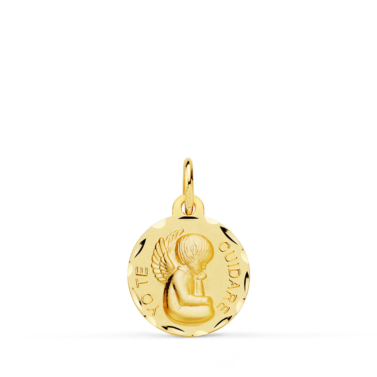 Medalla Angelito "yo Te Cuidare" Tallada. Medida: 14 mm de oro amarillo 18K