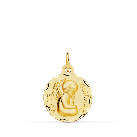 18K MEDALLA ORO AMARILLO ANGELITO "YO TE CUIDARE" TALLADA. MEDIDA: 16 MM