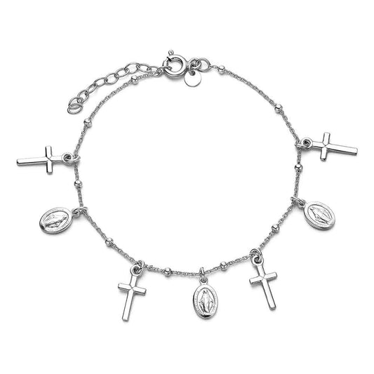 Pulsera de plata rodiada con Milagrosas y cruces colgando