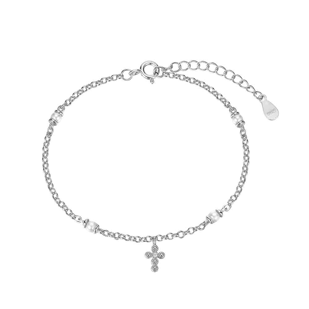 Pulsera de plata rodiada con perlas y cruz con circonita