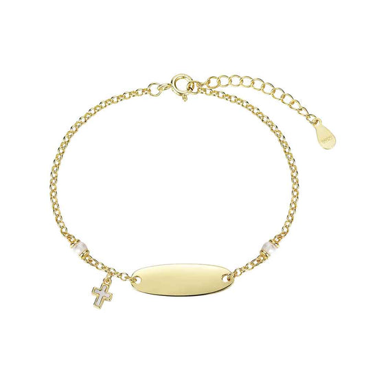 Pulsera de plata chapada con perlas,chapa  y cruz de nácar