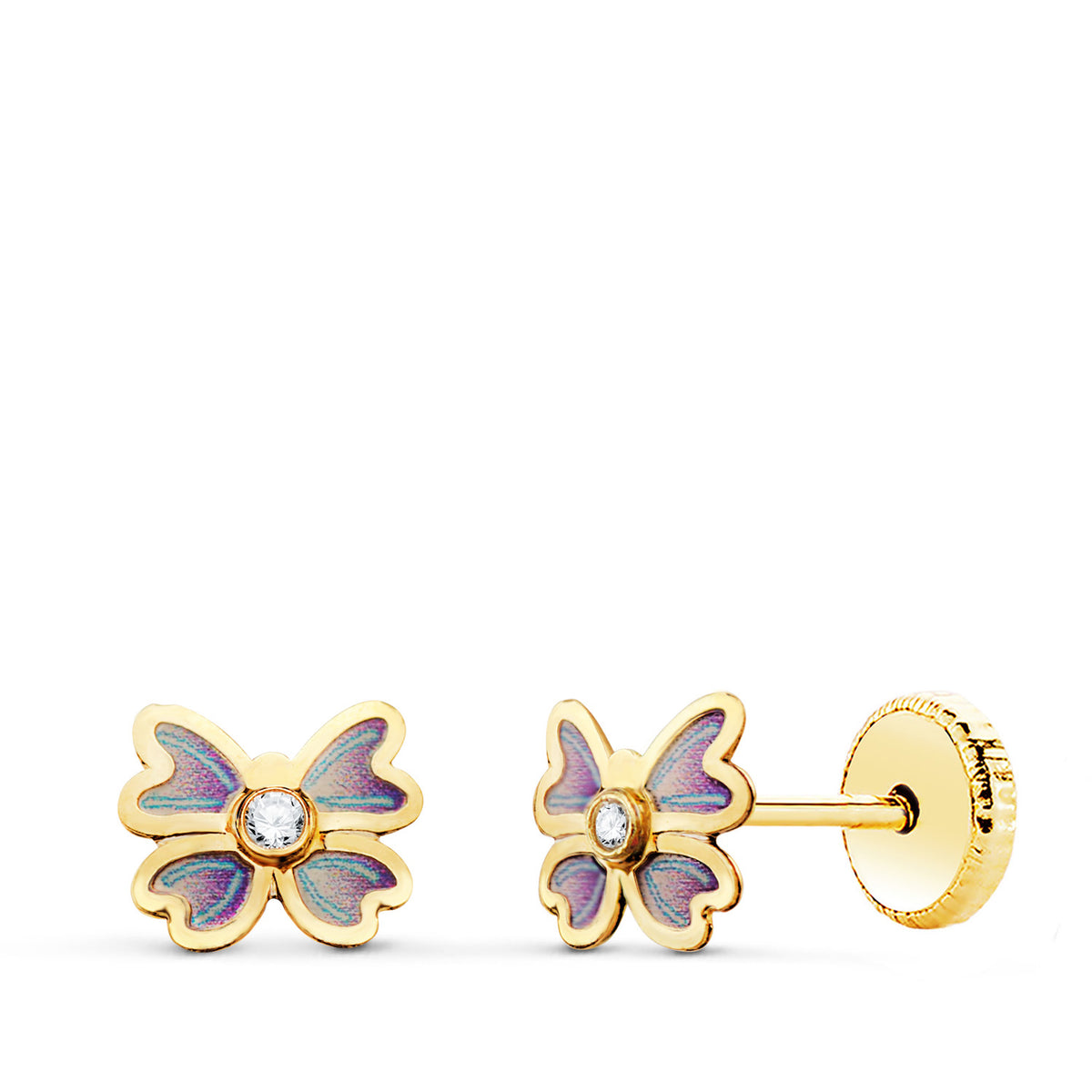Pendientes Mariposa Azul con Circonita.medida: 6 x 5,5 mm. Cierre Tuerca de oro amarillo 18K