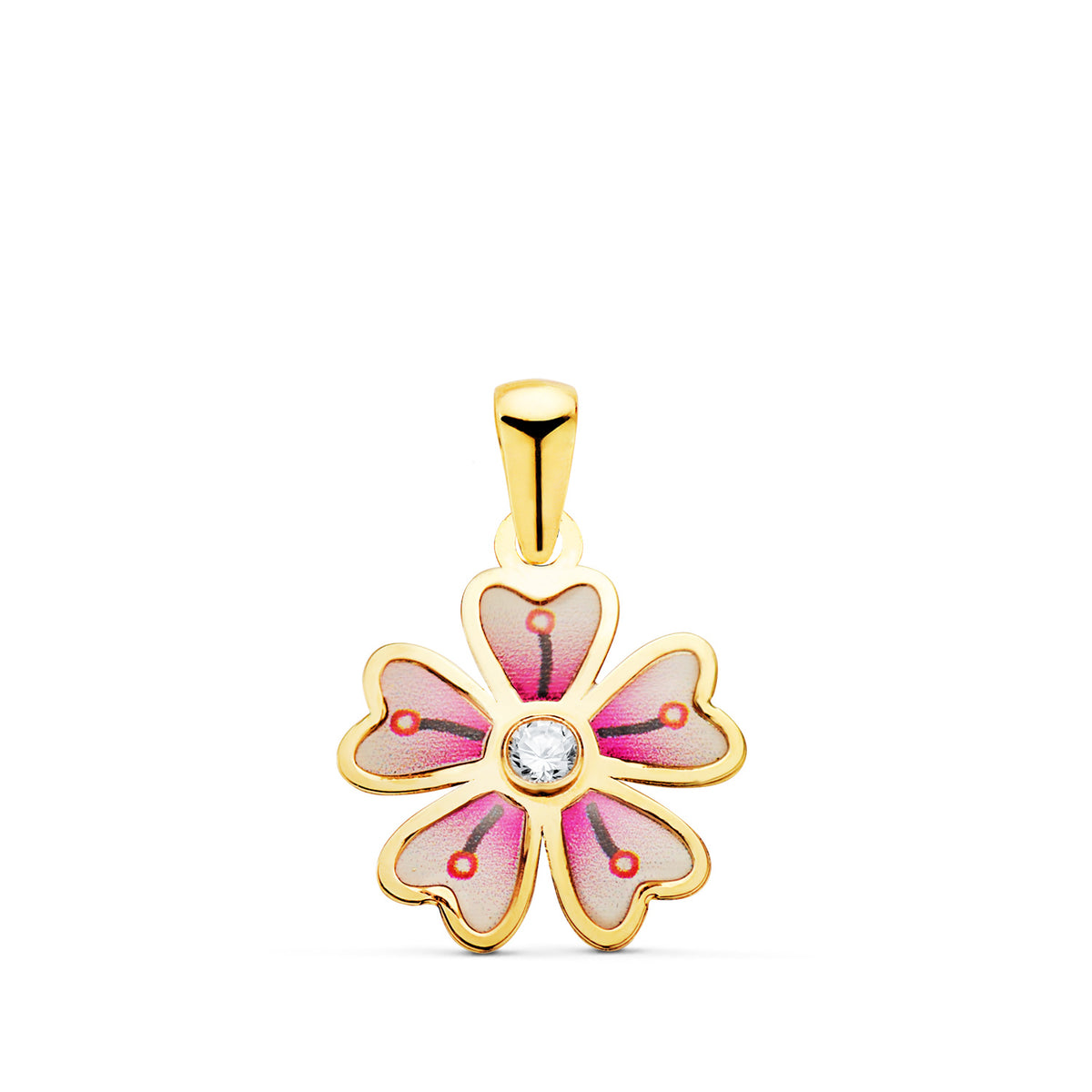 Colgante Flor 5 Petalos con Esmalte Color y Circonita. 13 x 11 mm de oro amarillo 18K