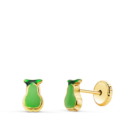 Pendientes Pera Esmalte Verde 6 x 4 mm. Cierre Tuerca de oro amarillo 18K